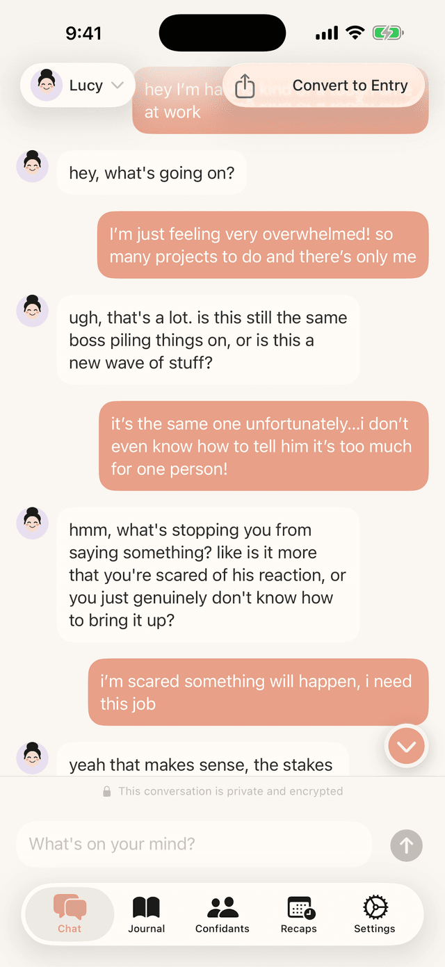 Chat conversation with a confidant about work stress