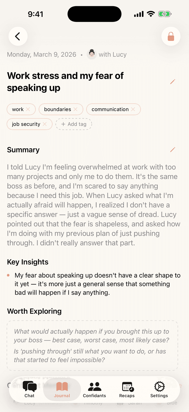 Journal entry showing AI-generated summary and insights
